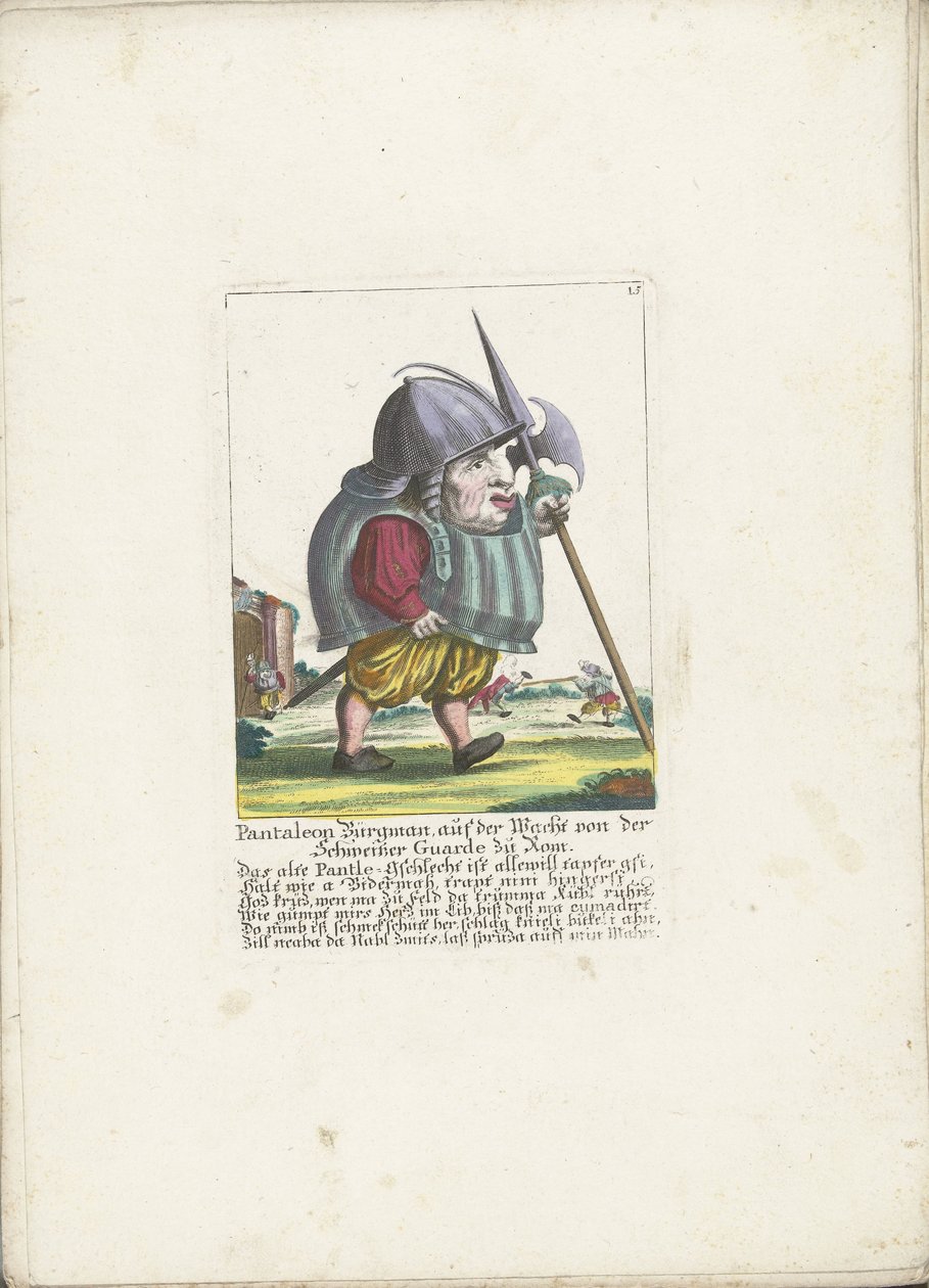 De dwerg Pantaleon Bürgman van de Zwitserse Garde te Roma, yaklaşık 1710 Pantaleon Bürgman, Roma'daki İsviçreli Muhafızlardan nöbetçi (nesne üzerindeki başlık) Il Callotto resurcitato veya yeni döşenmiş Zwerchen Dolabı (seri başlığı) by Martin Engelbrecht (attributed to)