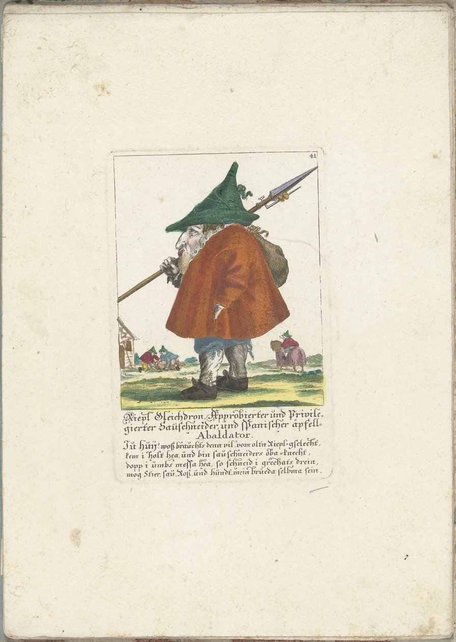 De dwerg Riepl Gleichdron, yaklaşık 1710 Riepl Gleichdron, Lisanslı ve Ayrıcalıklı Sosis Kesici ve İspanyol Elma Abaldatörü (nesne üzerindeki başlık) Il Callotto resurcitato veya Yeni döşenmiş Zwerchen Dolabı (seri başlığı) by Martin Engelbrecht (attributed to)
