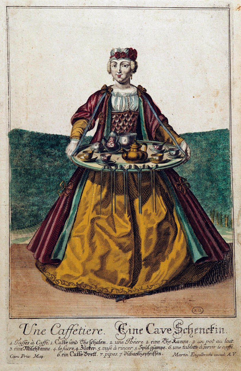 Kahve makinesi: Kahve servisiyle görevlendirilen tepsi taşıyan genç bir kadın. Gravür Martin Engelbrecht (1684-1756) 18. yüzyıl. Paris, Dekoratif Sanatlar by Martin Engelbrecht