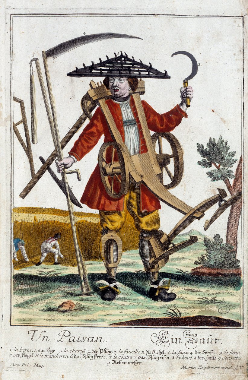 A peasant. Engraving by Martin Engelbrecht (1684-1756), in “” New assembly of the manouvries habilles”” 18th century, Germany. Paris, Decorative Arts by Martin Engelbrecht