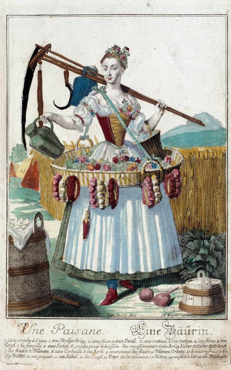 A peasant woman. Engraving by Martin Engelbrecht (1684-1756), in “” New assembly of the manouvries habilles”” 18th century, Germany. Paris, Decorative Arts. by Martin Engelbrecht
