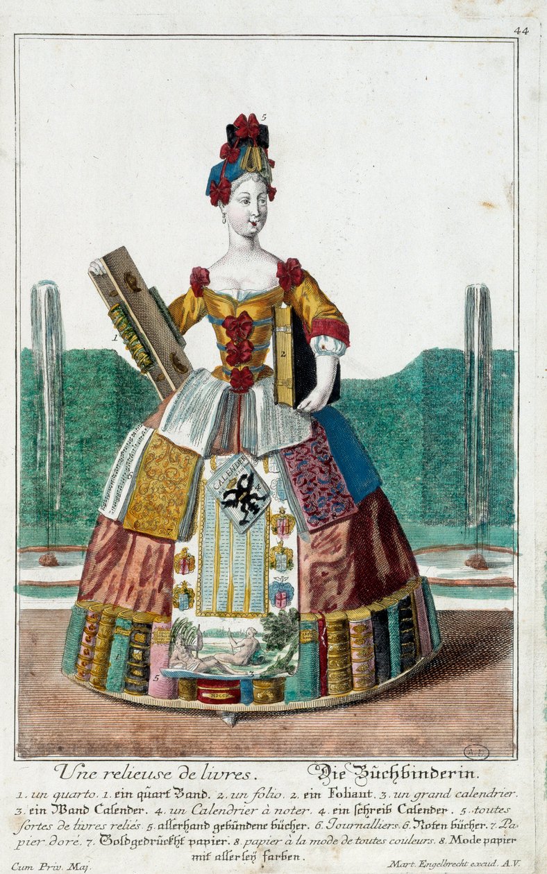 Metier: A book binder. Engraving by Martin Engelbrecht (1684-1756), in “” New assembly of the manouvries habilles”” 18th century, Germany. Paris, Decorative Arts by Martin Engelbrecht