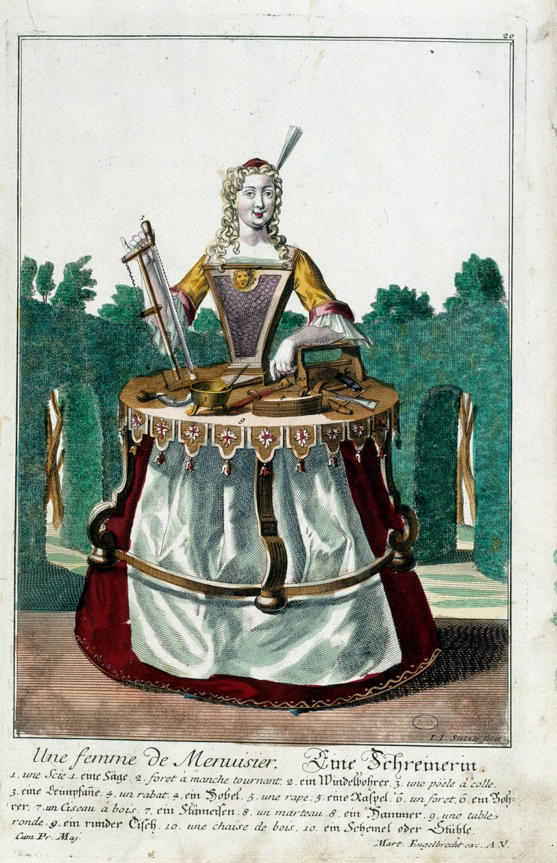 Metier: Bir marangozun karısı. Gravür Martin Engelbrecht (1684-1756), “Manouvries habilles