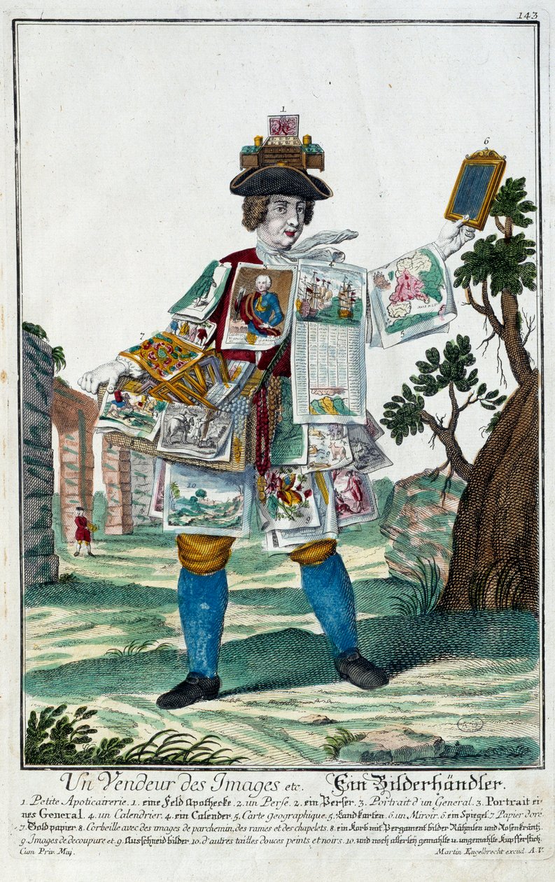 Metier: An image seller. Engraving by Martin Engelbrecht (1684-1756), in “” New assembly of the manouvries habilles”” 18th century, Germany. Paris, Decorative Arts by Martin Engelbrecht