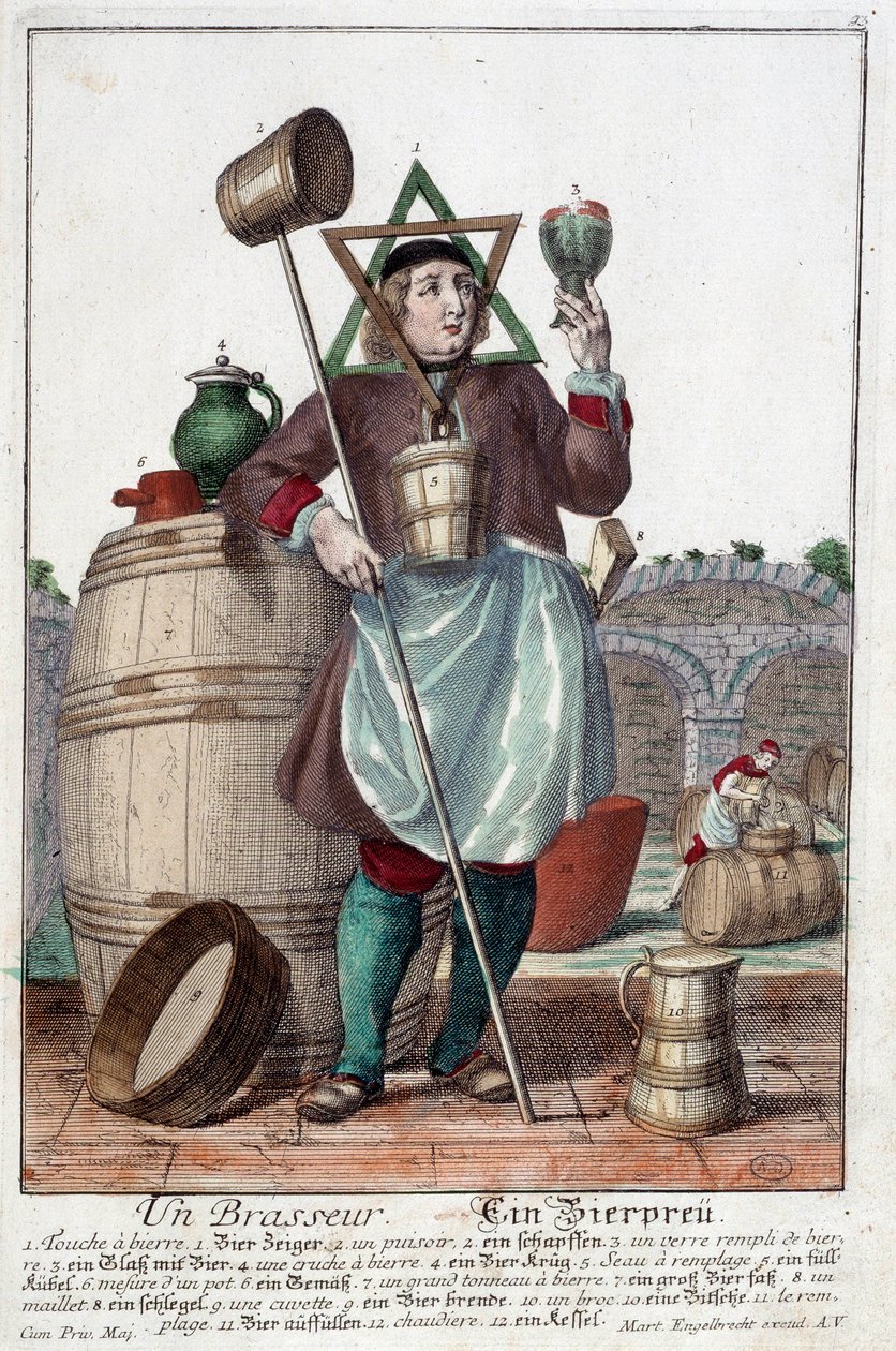 Çeşme, bardak, sürahi, kova, fıçı, tokmak, kase, broc, kazan ile bir bira üreticisinin temsili. Martin Engelbrecht (1684-1756) tarafından yapılan gravür by Martin Engelbrecht