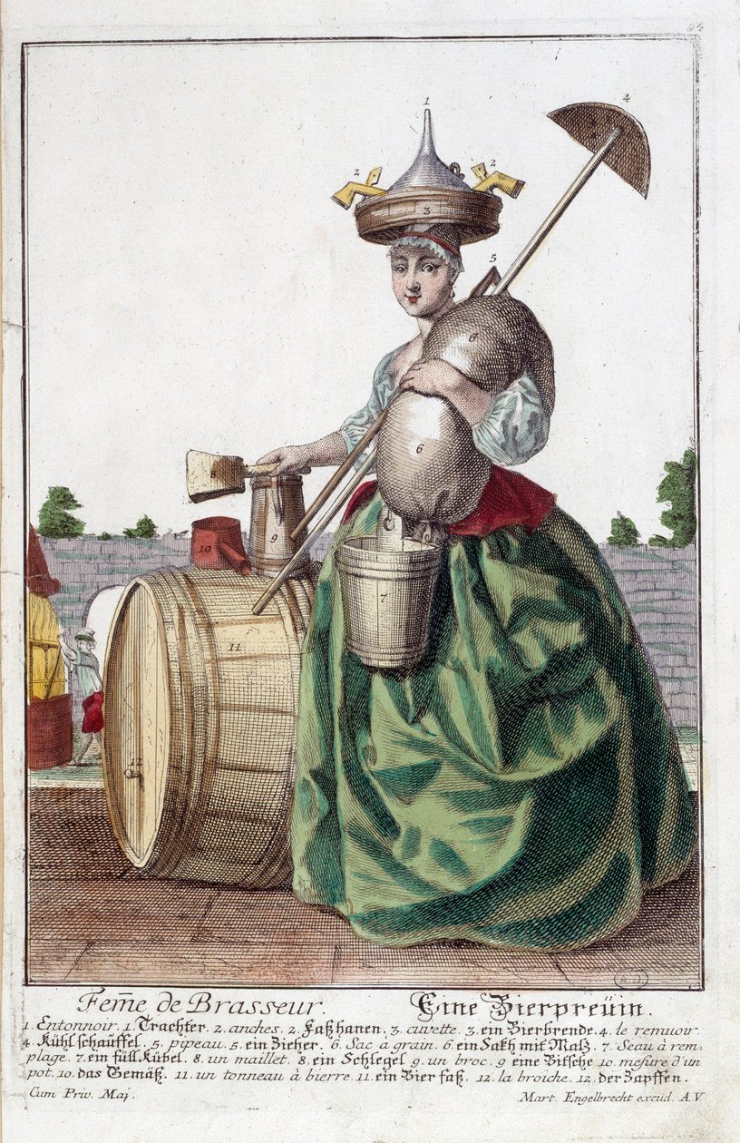 Kafasında huni, tahıl torbası, kase, kova, bira fıçısı taşıyan bira üreticisinin karısının temsili. Martin Engelbrecht (1684-1756) tarafından yapılan gravür by Martin Engelbrecht