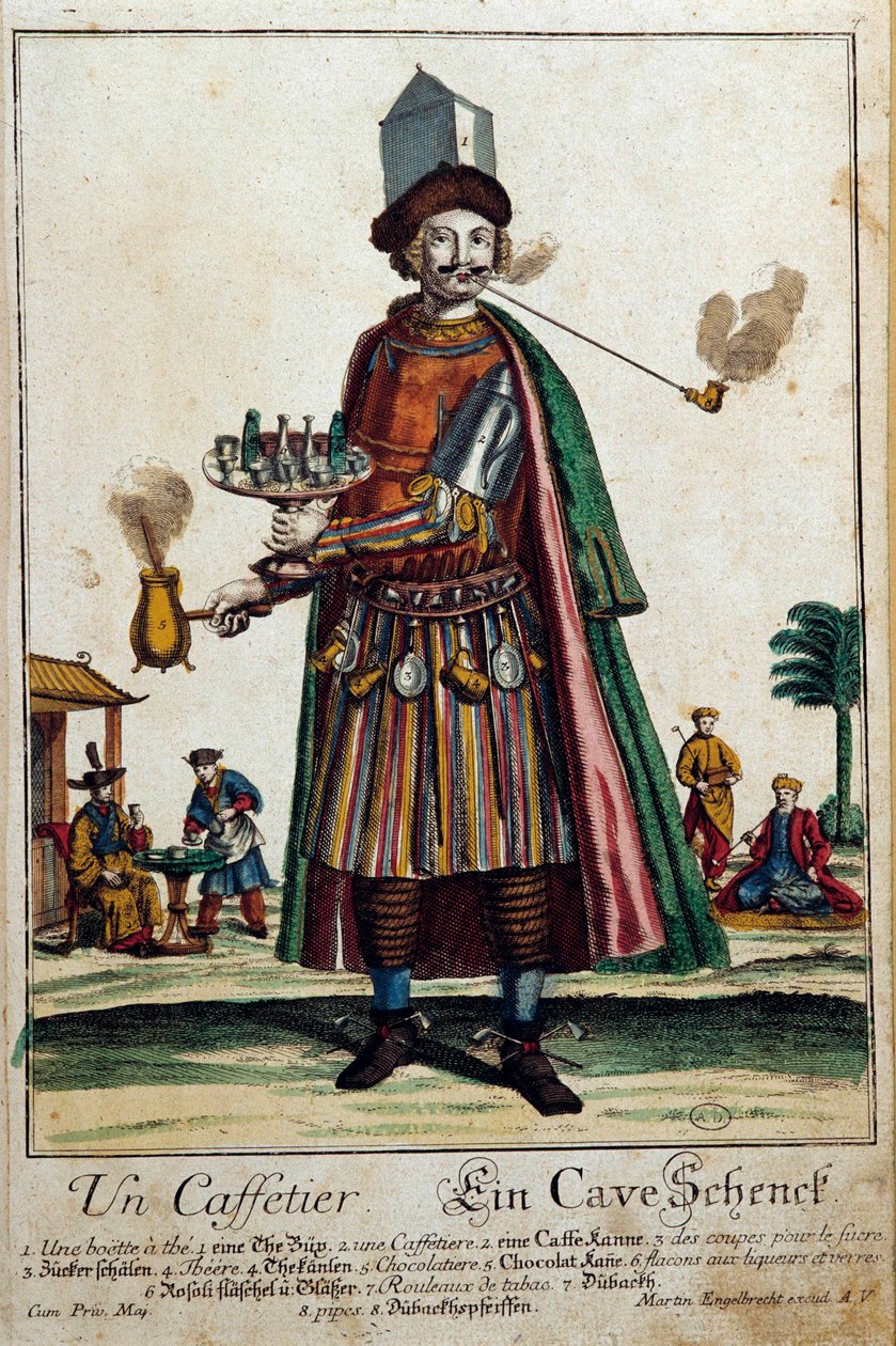 Kahve makinesi: kahve makinesi ve servis takan bir adam. Martin Engelbrecht (1684-1756) 18. yüzyıl Paris, Dekoratif Sanatlar tarafından gravür by Martin Engelbrecht
