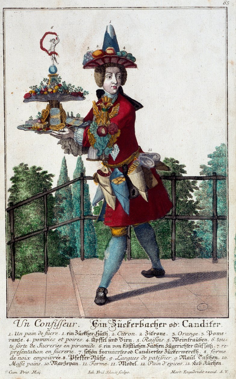 Şekerci: Bir tepsi şeker ve şekerleme tutan genç bir adam. Gravür Martin Engelbrecht (1684-1756) 18. yüzyıl. Paris, Dekoratif Sanatlar by Martin Engelbrecht