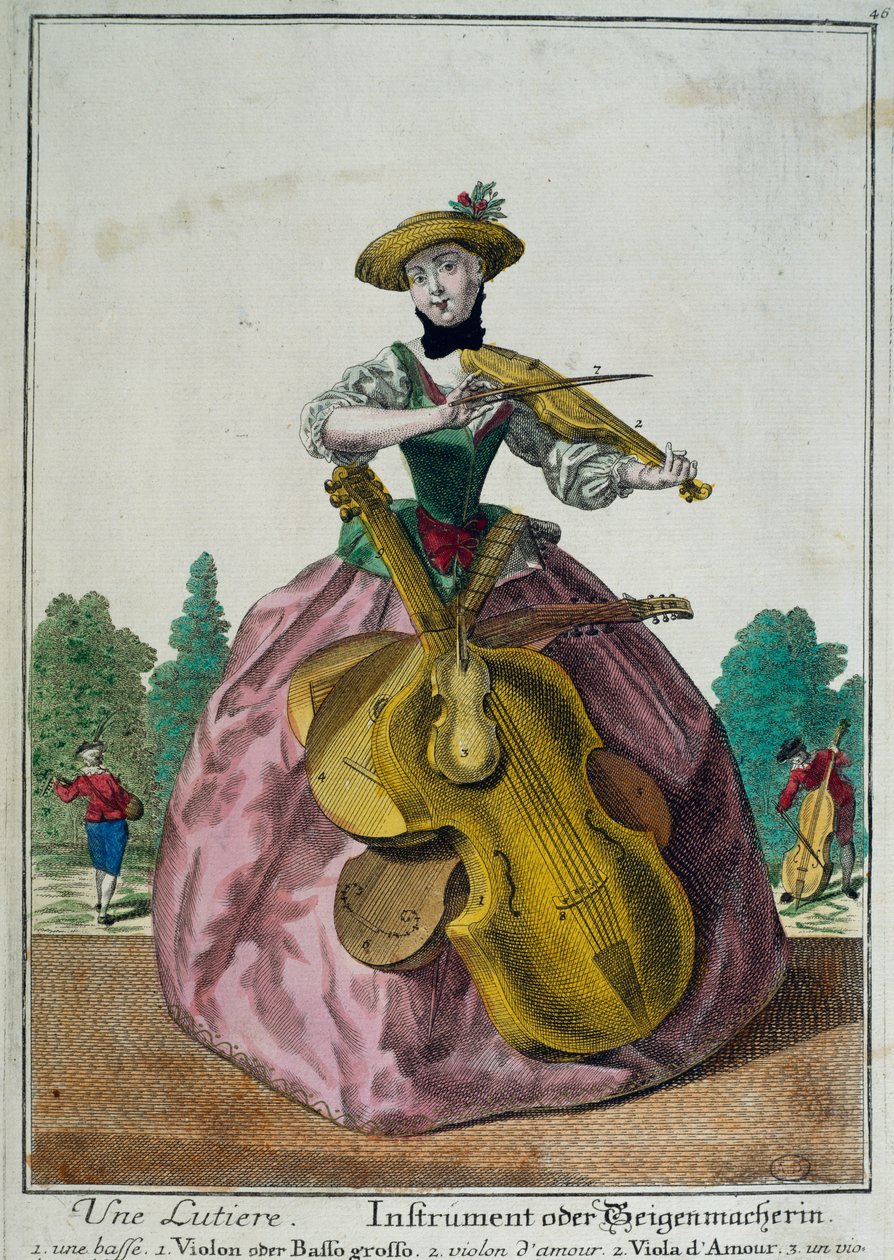 Une Lutiere, viyola, çello ve keman ile Lutist, Martin Engelbrecht (1684-1756), renkli baskı, Fransa by Martin Engelbrecht