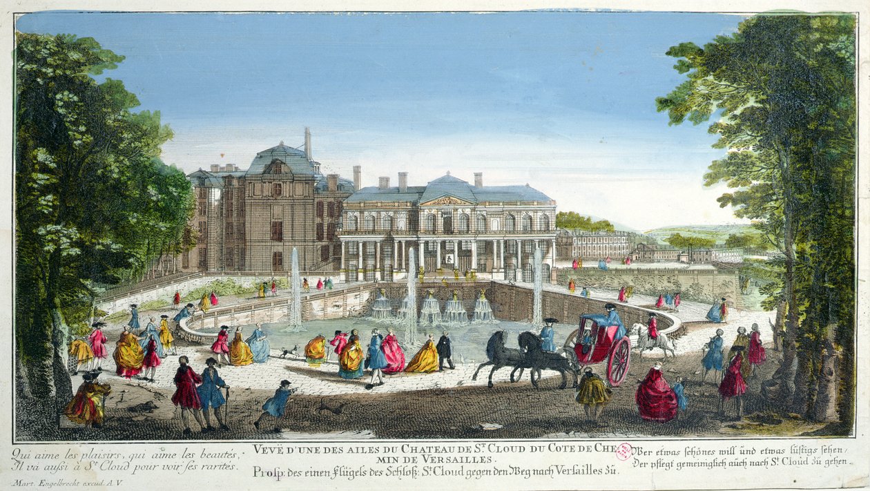 Versay yakınlarındaki Chateau de Saint-Cloud'un görünümü, 18. yüzyılın ortalarında (renkli gravür) by Martin Engelbrecht