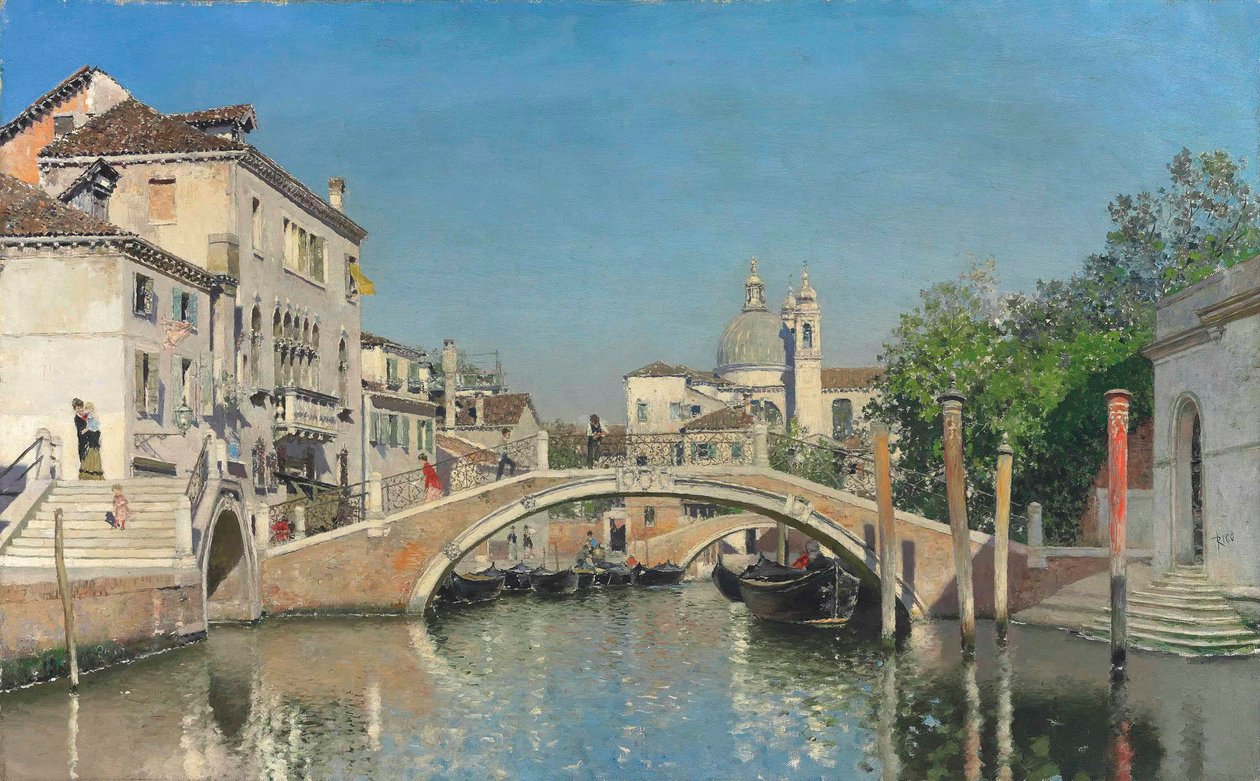 Gondollu bir Venedik kanalı, ötesinde Santa Maria Della Selamı (tuval üzerine yağlı boya) by Martín Rico y Ortega