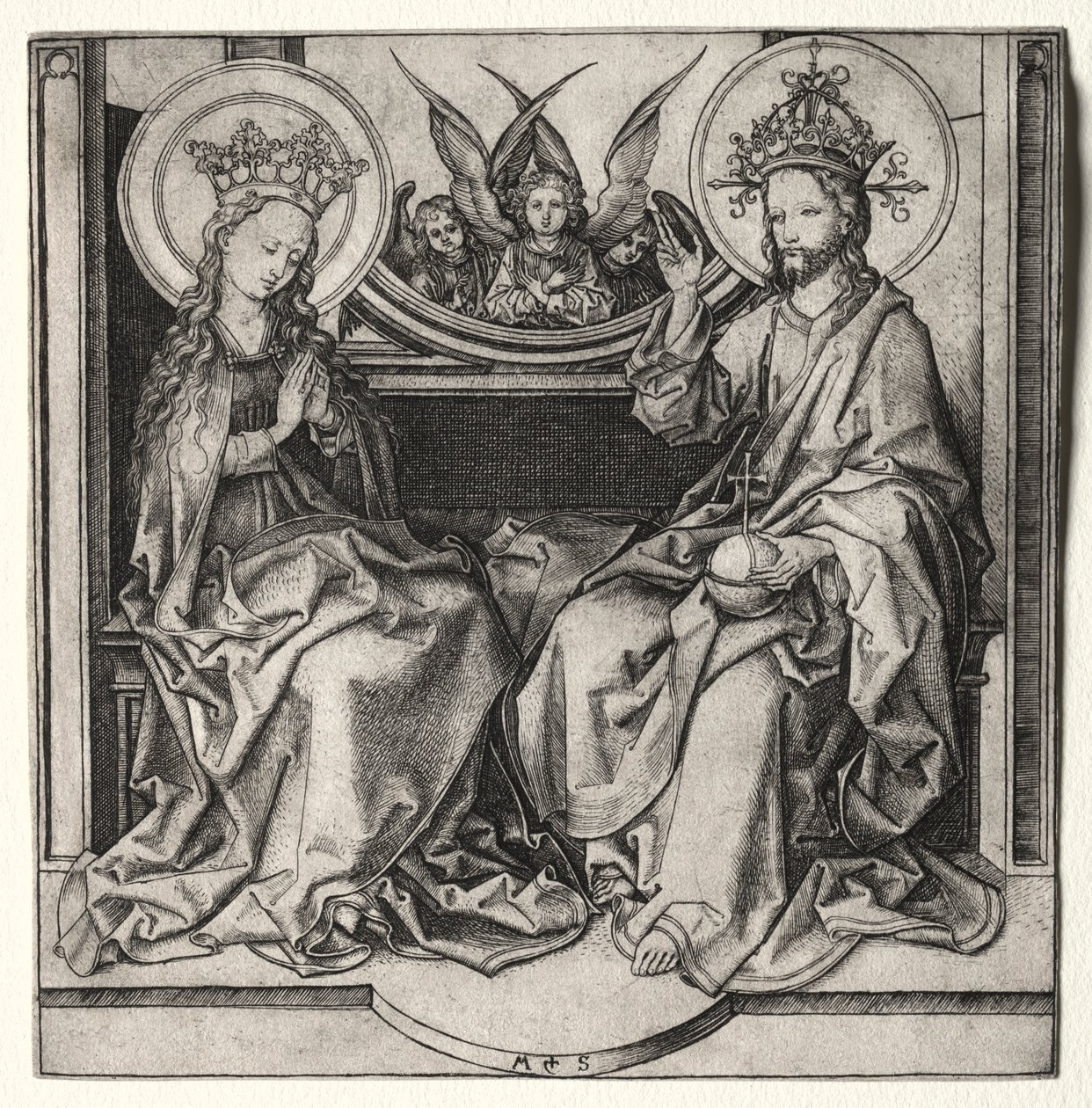 Tanrı Baba ve Kutsal Bakire Meleklerin Katıldığı Enthroned, c. 1480-90. by Martin Schongauer