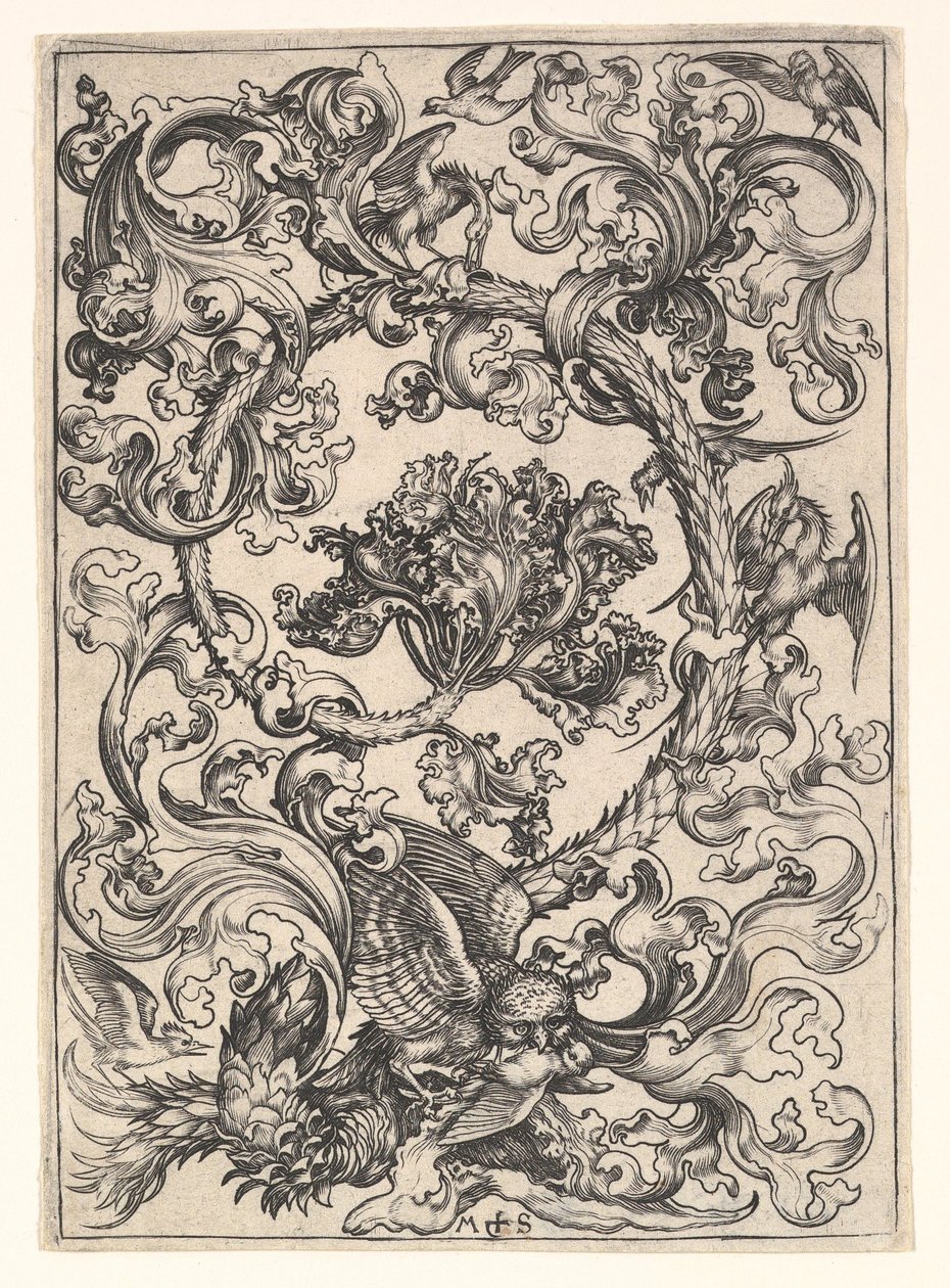 Gündüz Kuşları Tarafından Alay Edilen Baykuşla Süsleme, ca. 1435-1491. by Martin Schongauer
