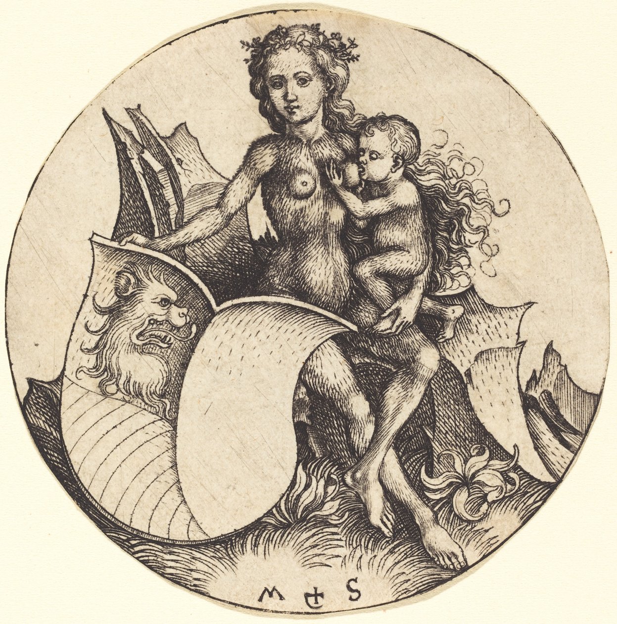 Aslan başlı kalkan, vahşi kadın tarafından tutuluyor by Martin Schongauer