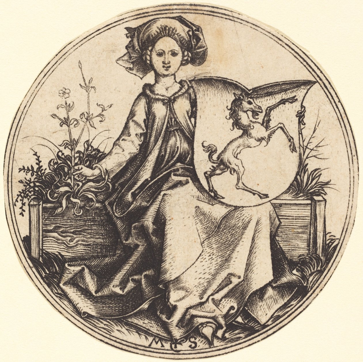 Kadın tarafından düzenlenen tek boynuzlu at ile kalkan by Martin Schongauer