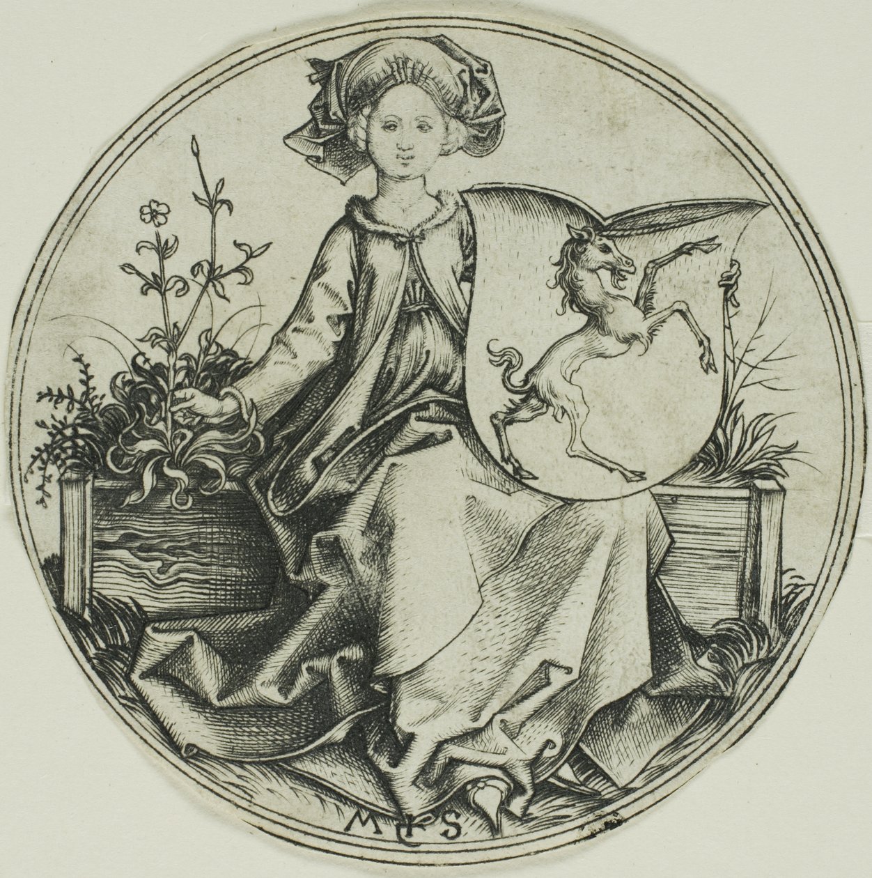 Tek Boynuzlu Atlı Kalkan, Bir Hanımın Tuttuğu by Martin Schongauer