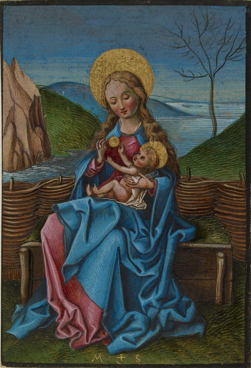 Bakire ve Çocuk çimenli bir bankta, 15. yüzyılın sonlarında by Martin Schongauer