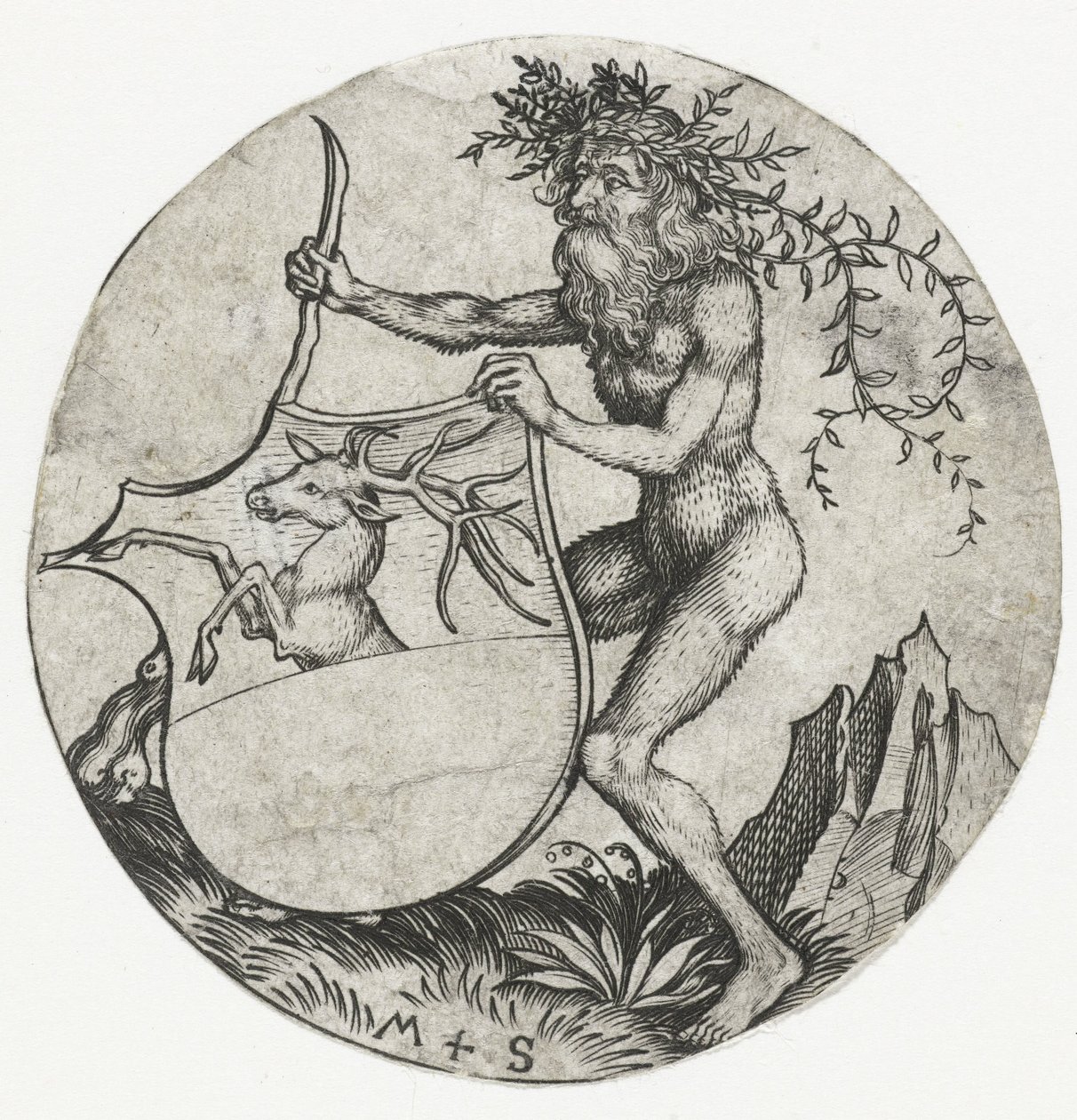 Bir topuz ile vahşi bir adam tarafından tutulan bir geyik ile arması Armalı rakamlar (dizi adı) by Martin Schongauer