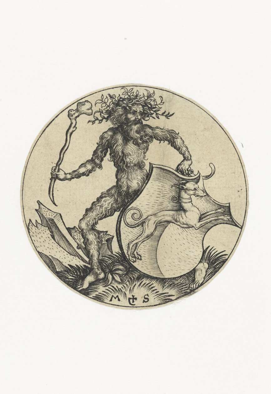 Bir sopa ile vahşi bir adam tarafından tutulan bir köpek ile arması Armalı rakamlar (dizi adı) by Martin Schongauer