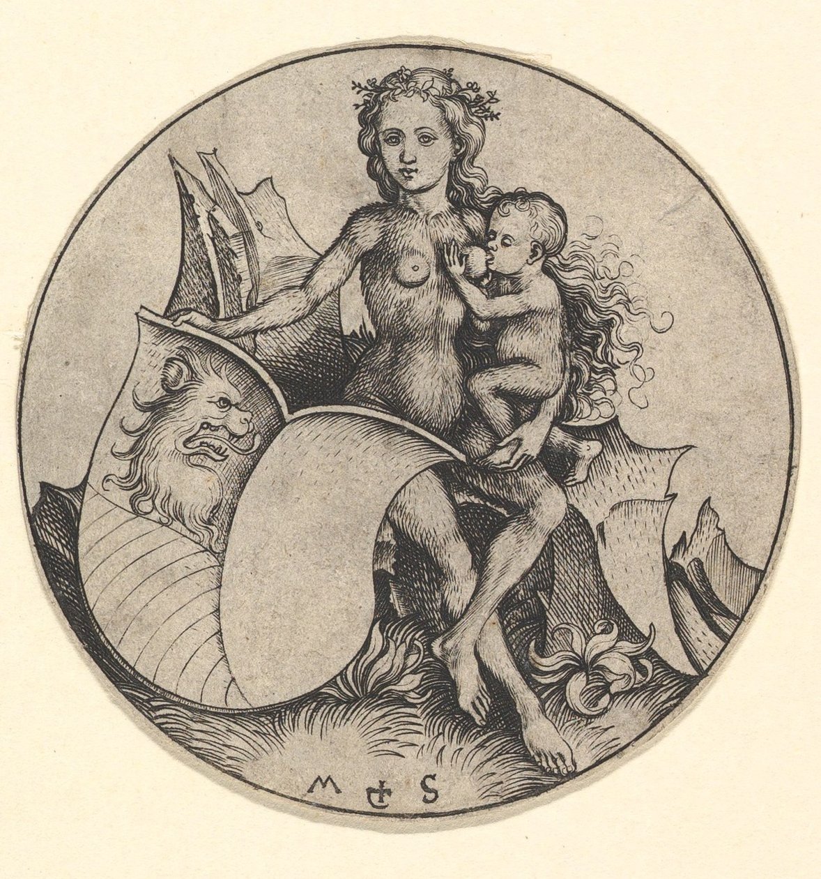 Aslan Başlı Kalkan Tutan Vahşi Kadın, ca. 1435-1491. by Martin Schongauer
