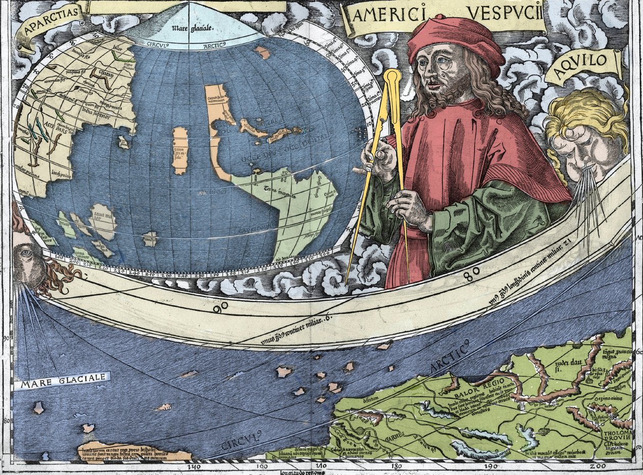 VESPUCCI, Amerigo (1454-1512). “Waldseemuller haritası veya Universalis Cosmographia - (Universal Cosmography) - Waldseemuller Planisphere”deki İtalyan kaşif ve haritacılık” - 1507 - by Martin Waldseemuller