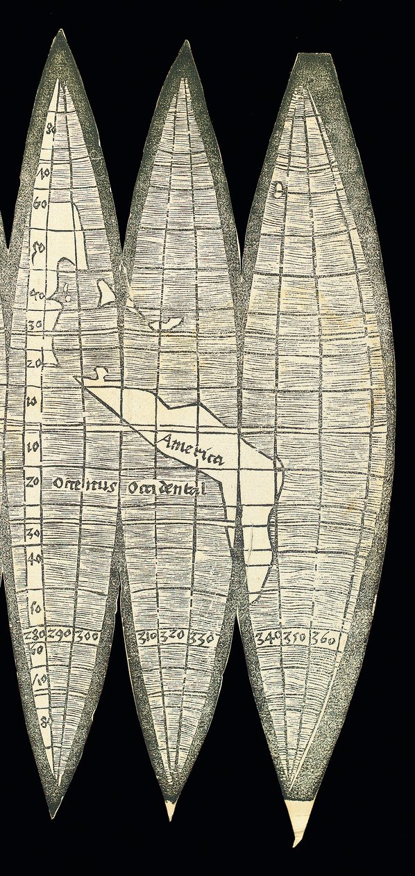 Bir dizi karasal küre şeklinde dünya haritası, 1507 by Martin Waldseemuller