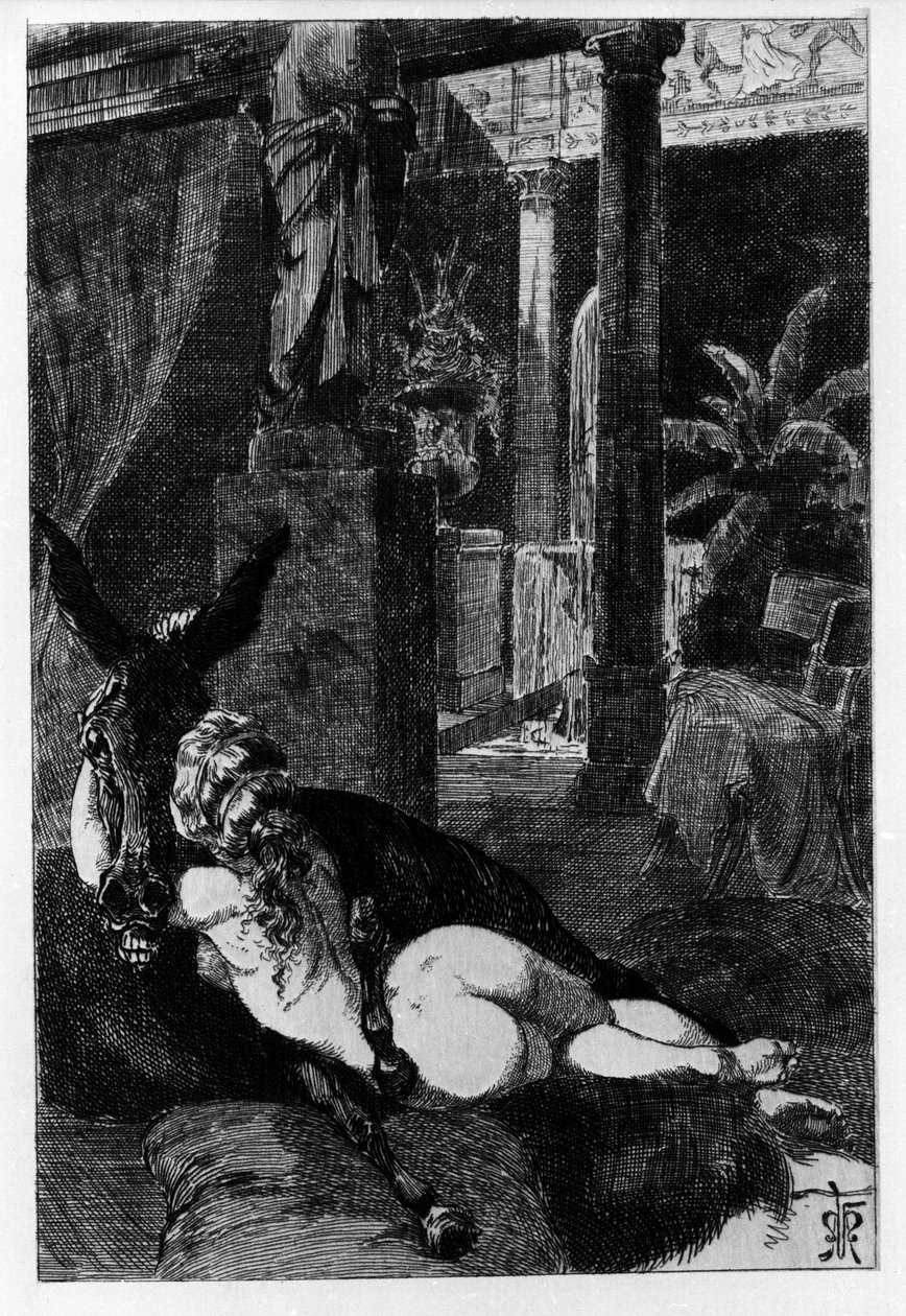Lucius tesadüfen bir eşeğe dönüşür. Metamorfozlar (Altın Eşek veya Asinus aureus), 2. yüzyılda Apulee (Lucius Apuleius) (yaklaşık 125-180 arası) tarafından yazılan roman. Martin Van Maele tarafından Suyu Aşındırma by Martin van Maele