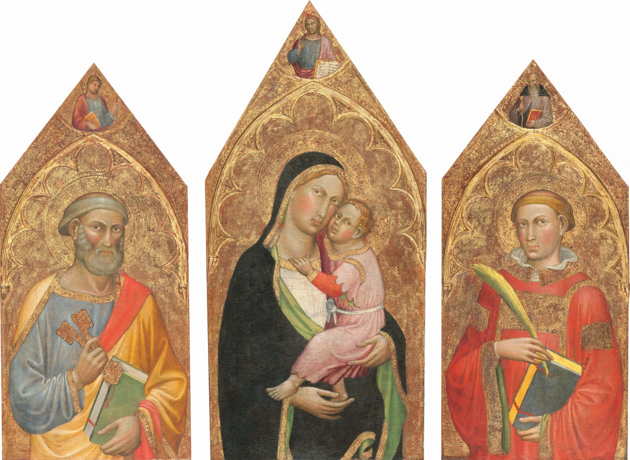 Madonna and Child with the Blessing Christ ve Saints Peter, James Major, Anthony Abbott ve bir Deacon Saint [üç parçanın tamamı] by Martino di Bartolomeo