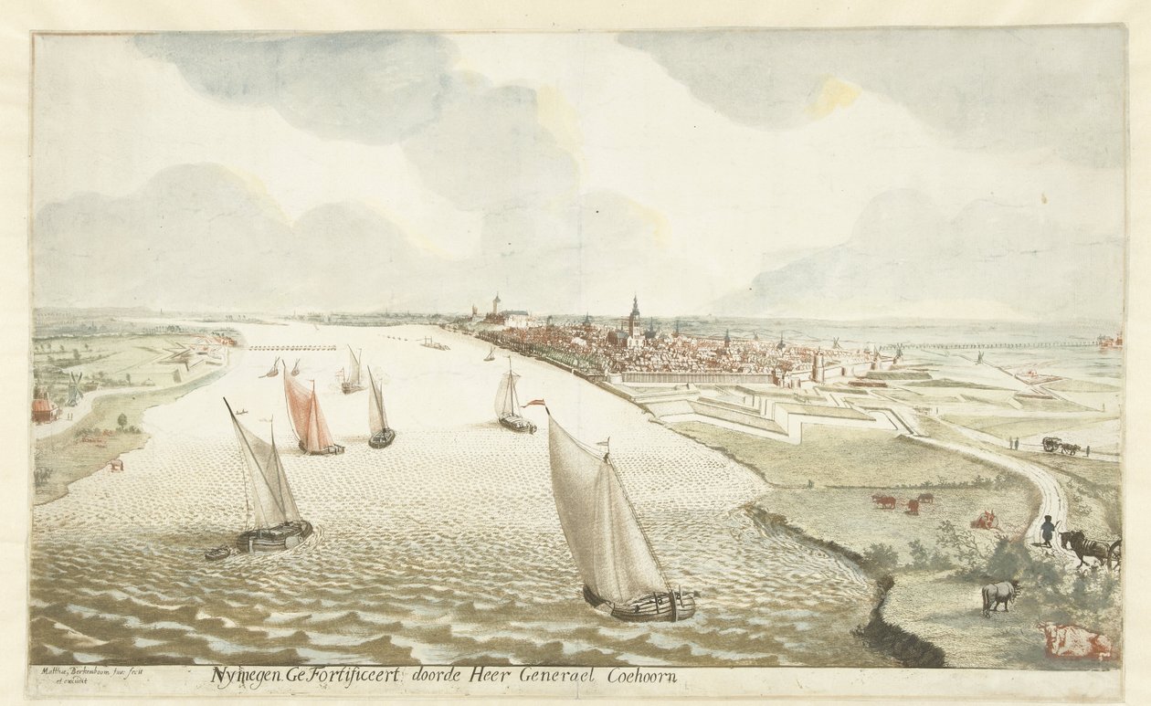 Waal üzerinde Nijmegen yakınlarındaki surların görünümü Sir General Coehoorn tarafından Güçlendirilmiş Nymegen (nesne üzerindeki başlık) by Martinus Berkenboom