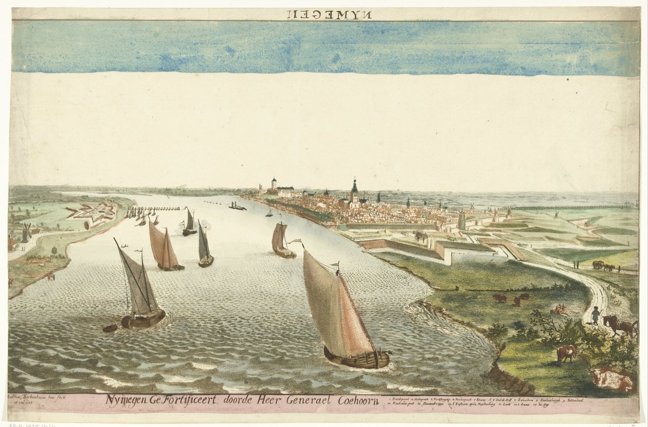 Sir Generael Coehoorn tarafından güçlendirilmiş Waal Nymegen'deki Nijmegen yakınlarındaki tahkimatların görünümü (nesnedeki başlık) by Martinus Berkenboom