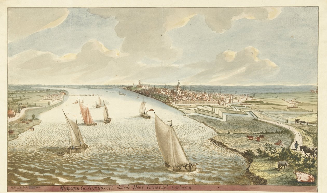 Waal üzerinde Nijmegen yakınlarındaki surların görünümü Sir General Coehoorn tarafından Güçlendirilmiş Nymegen (nesne üzerindeki başlık) by Martinus Berkenboom