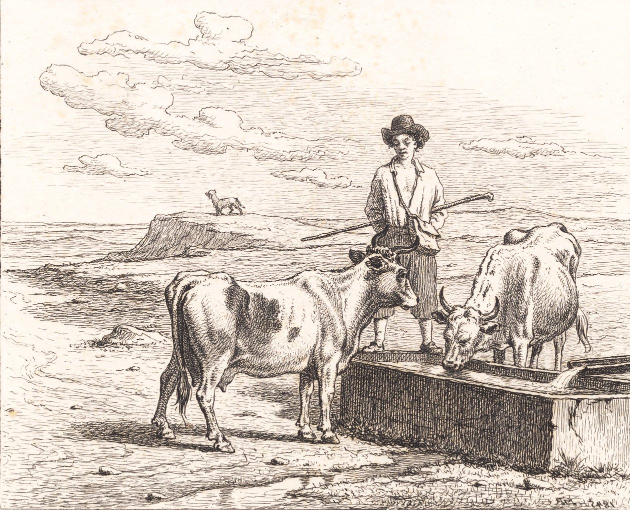 Sulama teknesinin yanında bir çoban çocuğu. Çizim için Chr. Winther "Küçük Çocuklar İçin Yirmi Beş Resim" by Martinus Rørbye