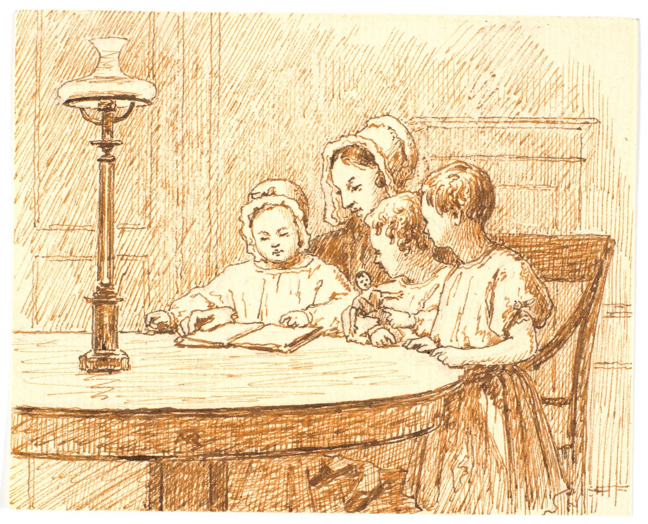 Bir anne üç çocuğa bir kitap gösterir. by Martinus Rørbye