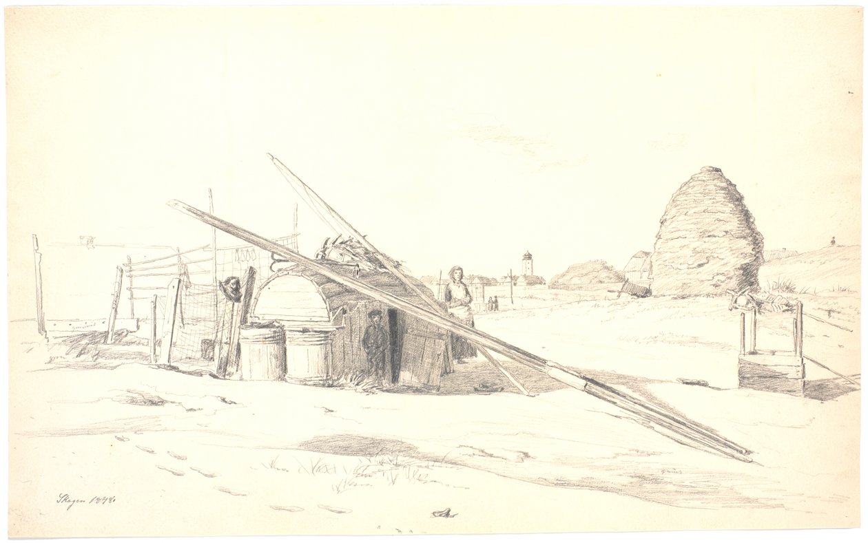 Arka planda beyaz deniz feneri ile Skagen Østerby üzerinde balıkçı kulübesi by Martinus Rørbye