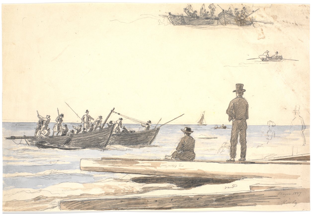 İki balıkçı teknesi Skagen sahiline doğru yelken açıyor by Martinus Rørbye