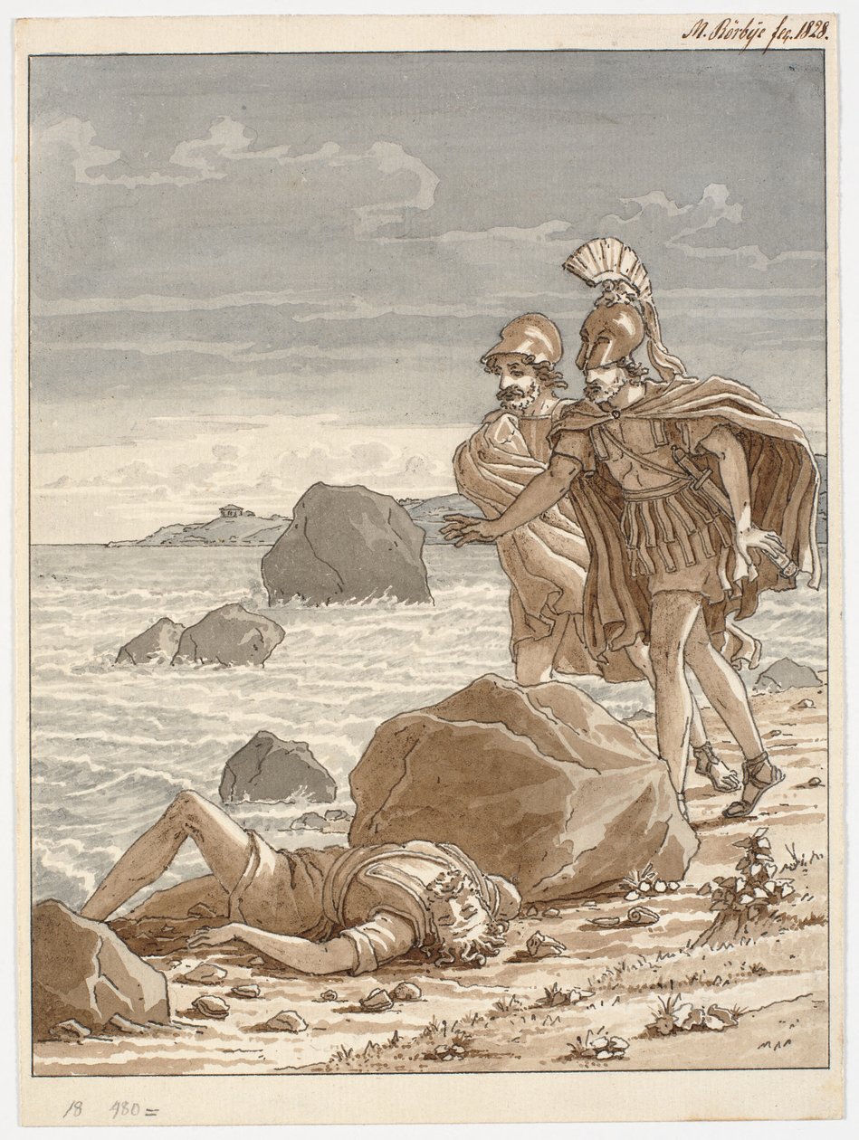 İki savaşçı sahile vurmuş bir adam bulur. by Martinus Rørbye