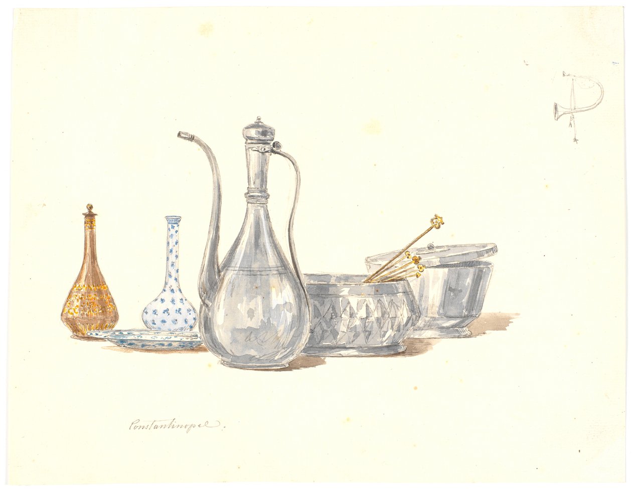 Türk gemileri, bir sürahi ve iki şişe by Martinus Rørbye