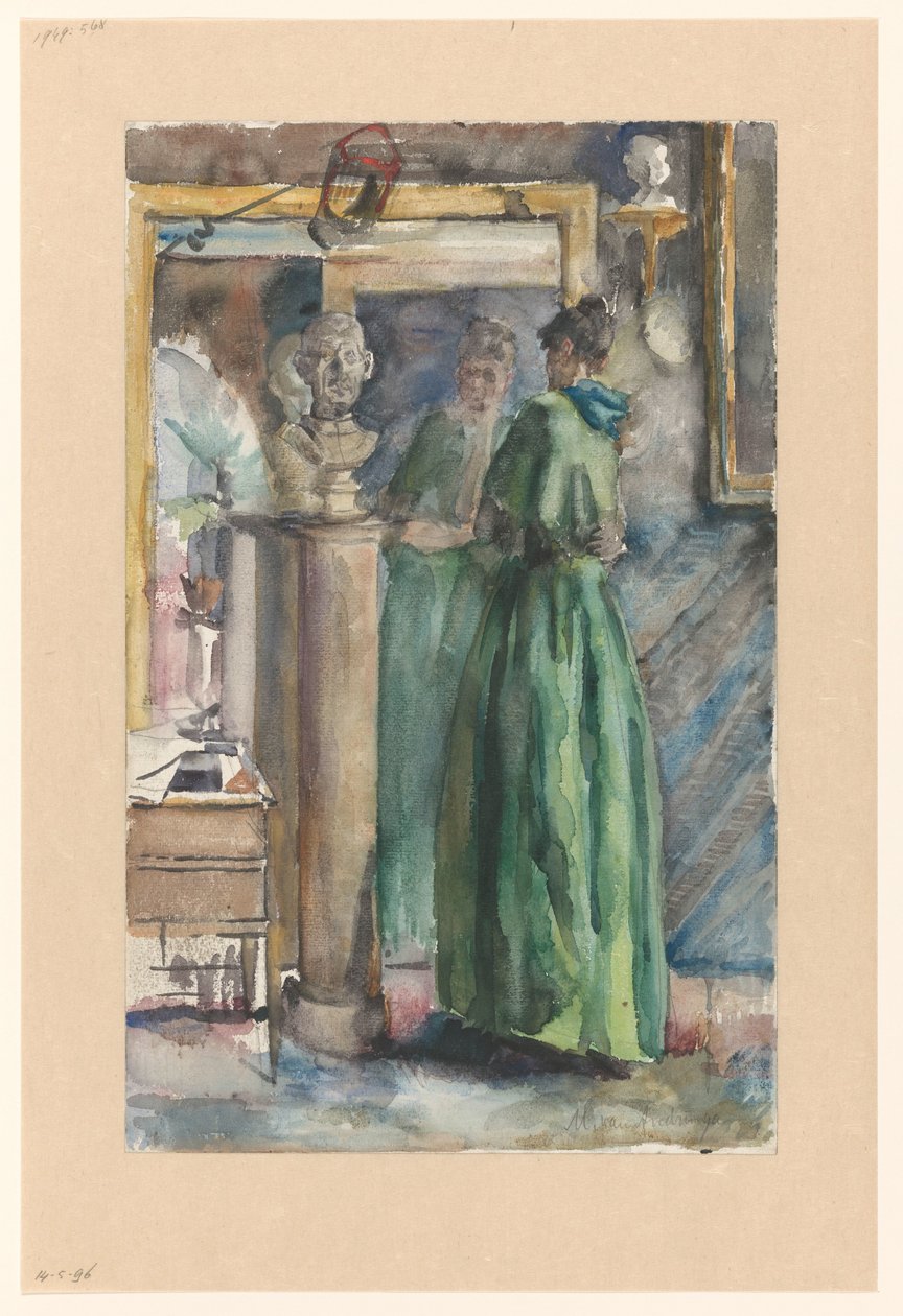 Aynanın önünde duran yeşil elbiseli bayan by Martinus van Andringa