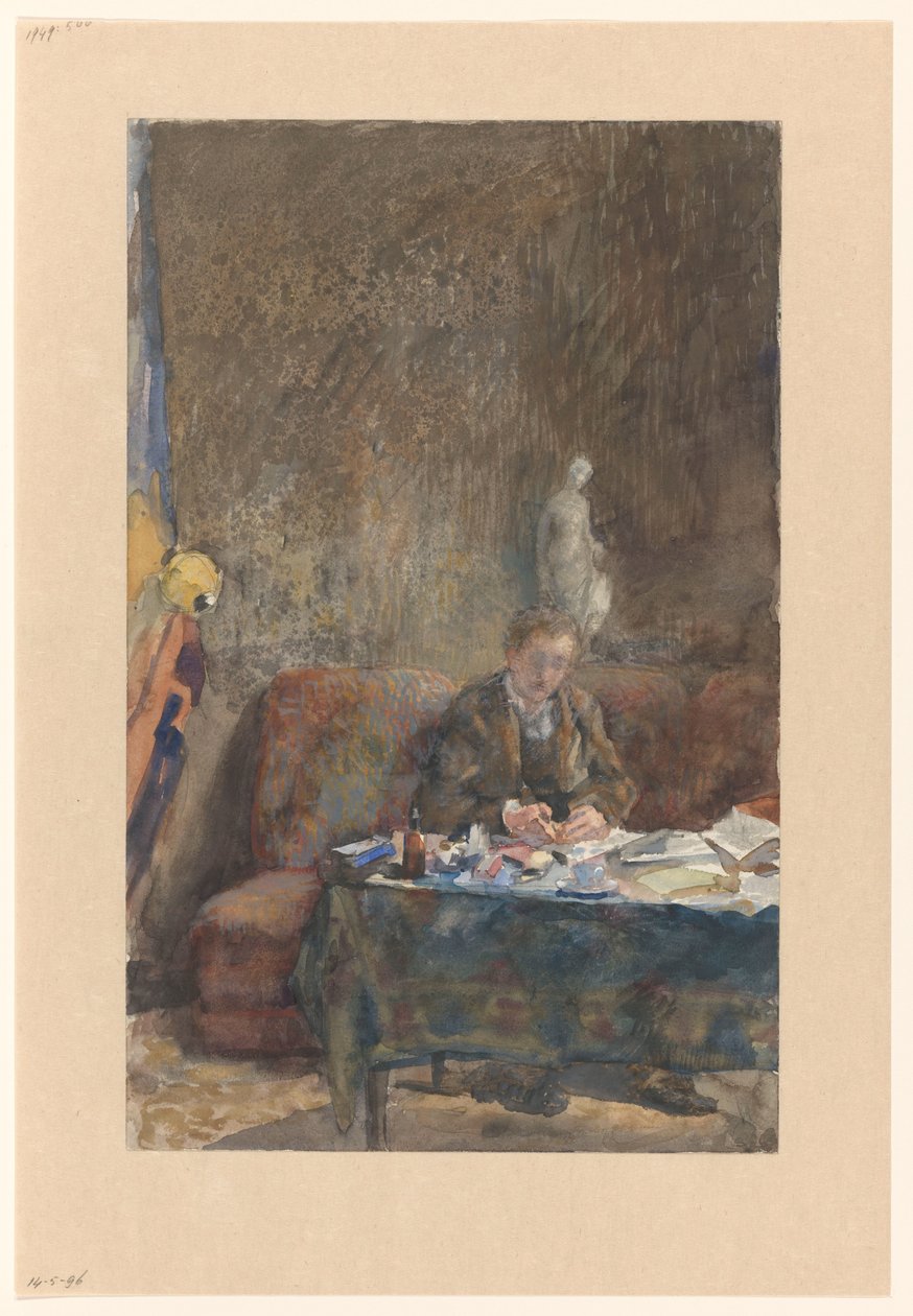 Masanın arkasındaki kanepede yazan adamla iç mekan by Martinus van Andringa