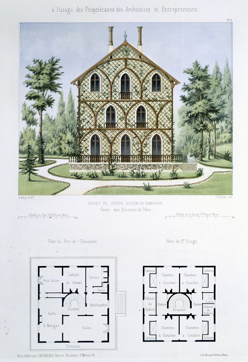 Walter tarafından kazınmış, Paris yakınlarındaki küçük bir kır evi projesi, 'Architecture Pittoresque et Moderne'den levha 9 by Marty