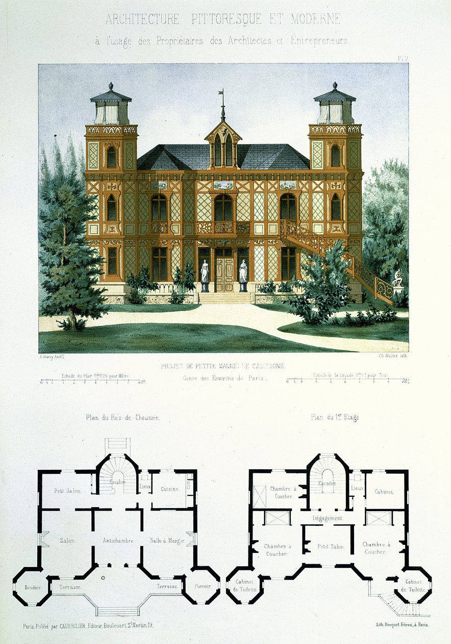 Paris yakınlarındaki küçük bir kır evi projesi, Walter tarafından kazınmış, 