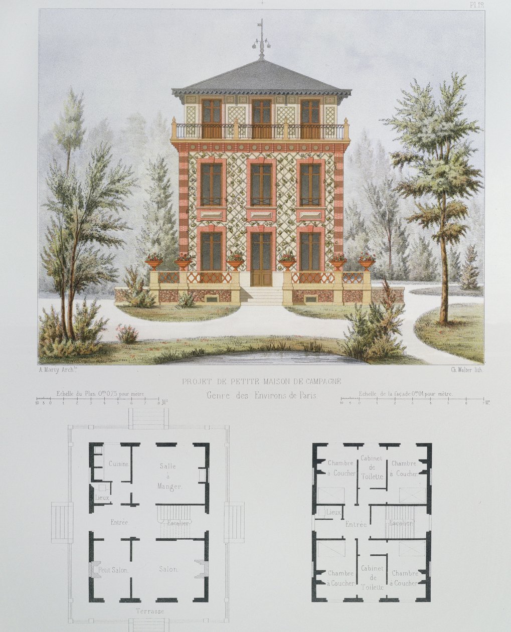 Paris yakınlarındaki küçük bir kır evi projesi, Walter tarafından kazınmış, Architecture Pittoresque et Moderne