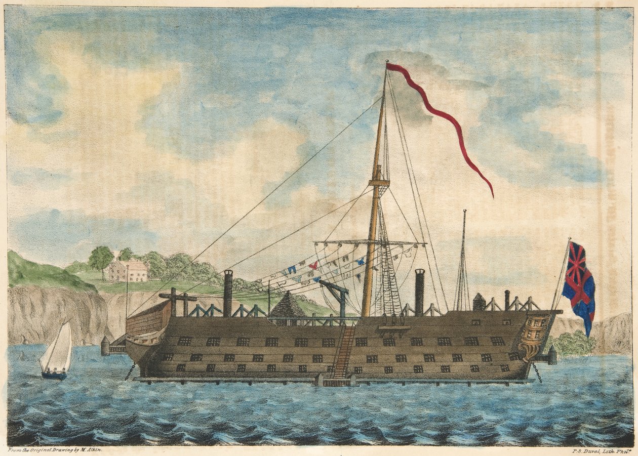Dartmouth açıklarında Hapishane Gemisi Saratoga, pub. 1840 (el renkli gravür) by Martyn after Alken
