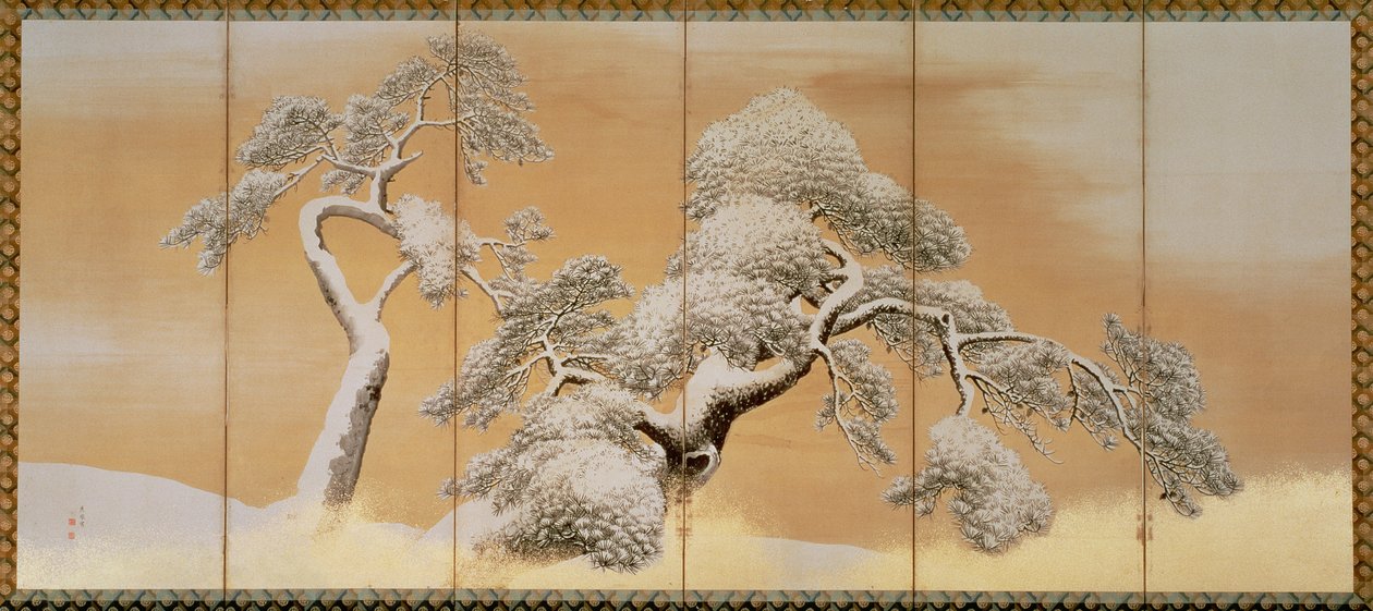 Kar Altındaki Çamlar (kalem ve mürekkep, renk, panelde altın kağıt) (bkz. 216567) by Maruyama Okyo