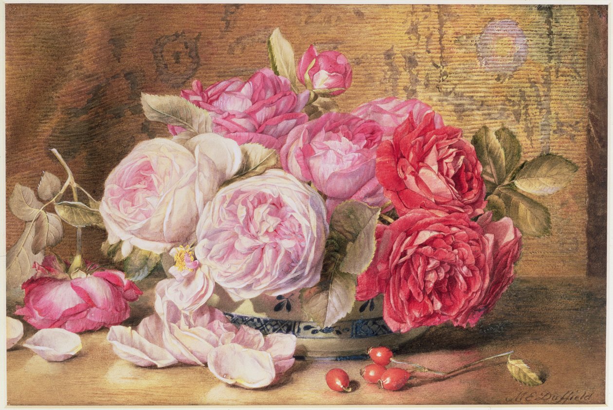 Bir kasede pembe ve kırmızı güller by Mary Elizabeth Duffield