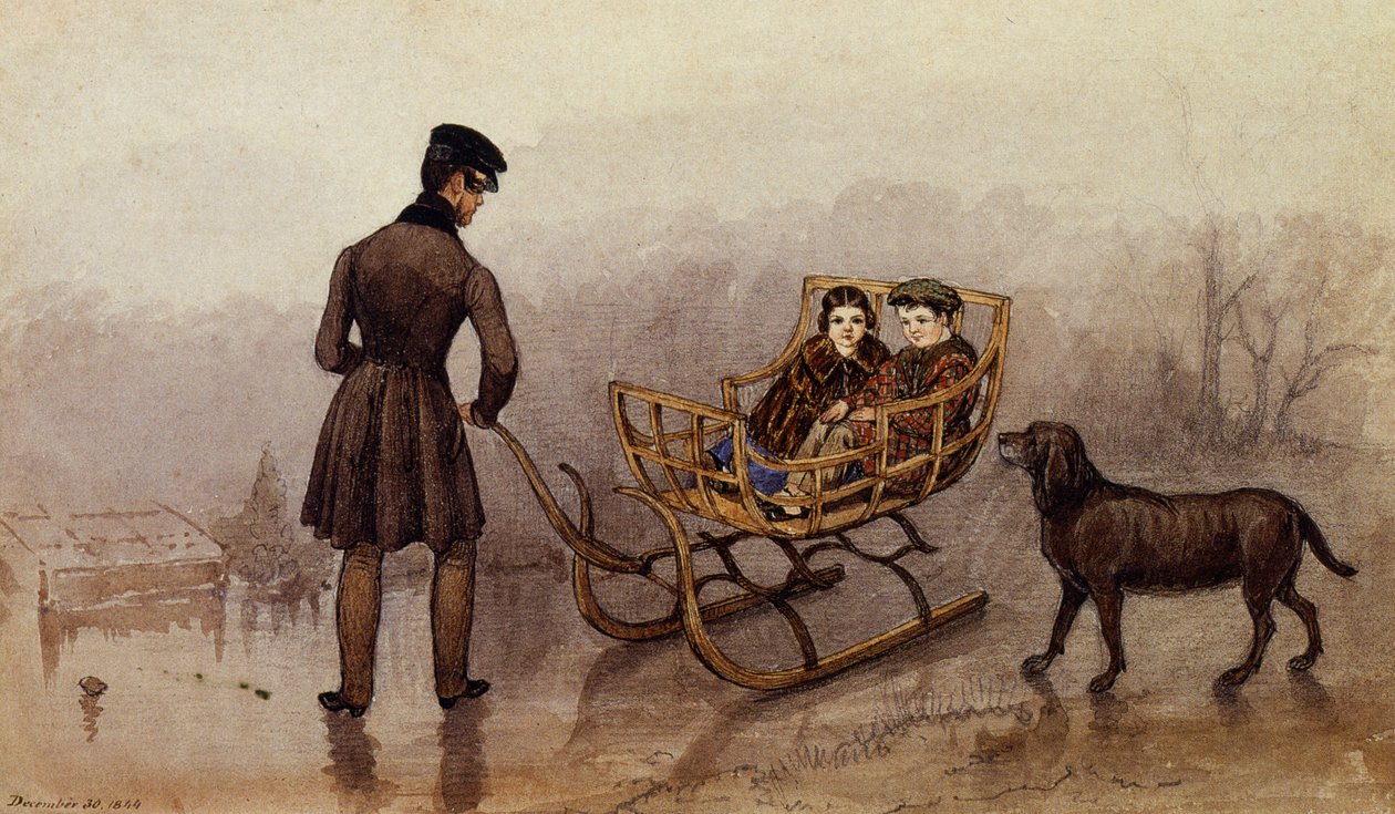 Anthony, Frank ve Caroline buzda kızakla kayıyor by Mary Ellen Best