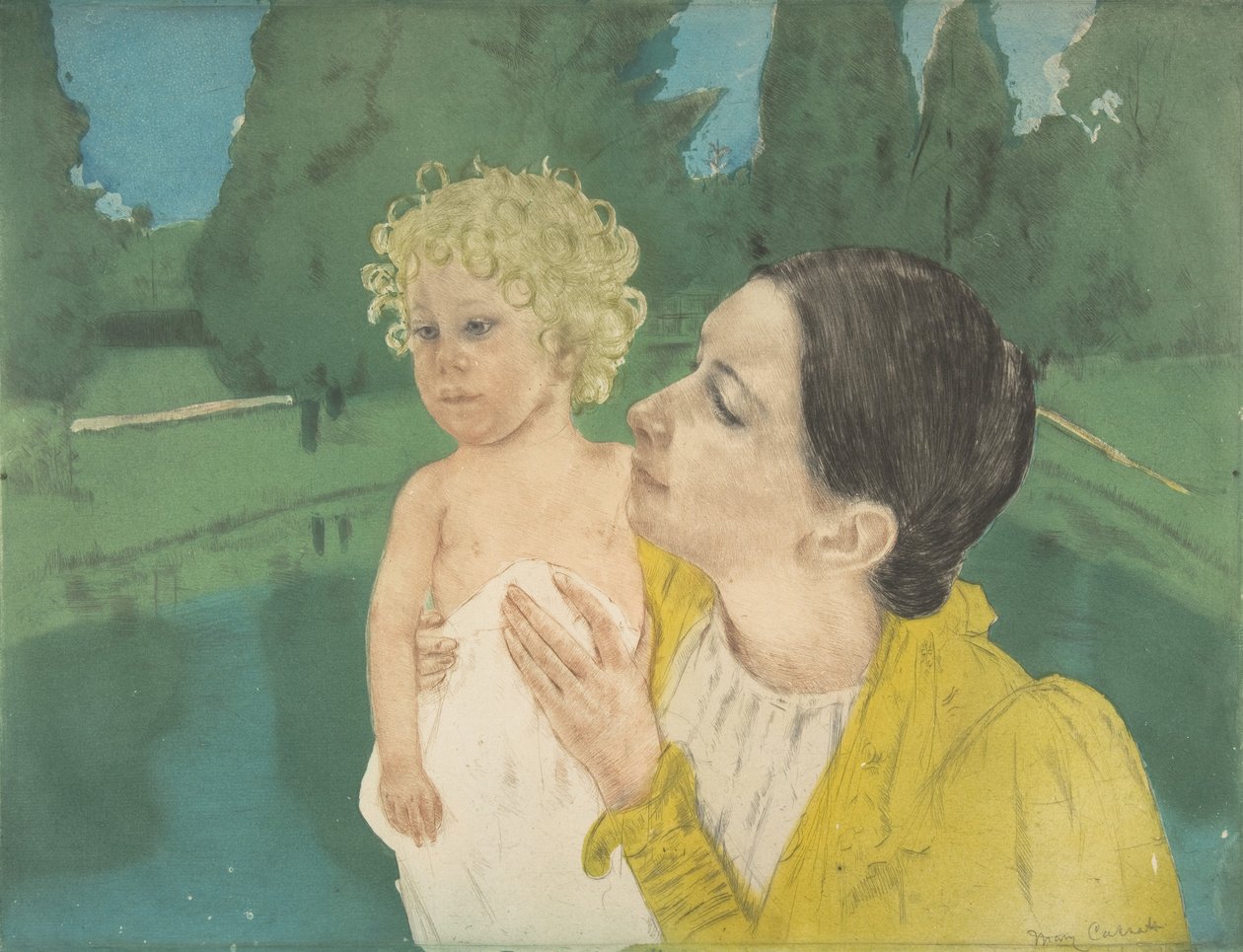 By the Pond, c.1896 (drypoint and aquatint print) by Mary Cassatt