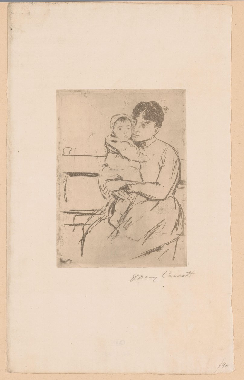 Kanepede Anne ve Çocuk Bankta (nesnedeki başlık) by Mary Cassatt (signed by artist)