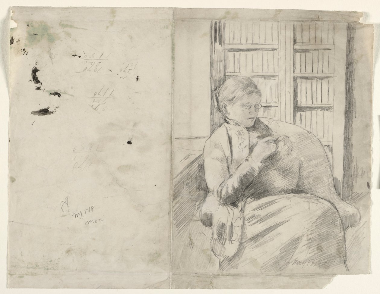 Kütüphane rektosunda örgü, c. 1881. by Mary Cassatt