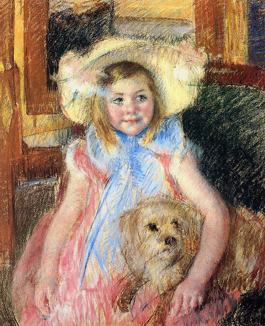 Büyük Çiçekli Şapkalı Sara, Sağa Bakıyor, Köpeğini Tutuyor, 1901 dolayları (kağıt üzerinde pastel) by Mary Cassatt